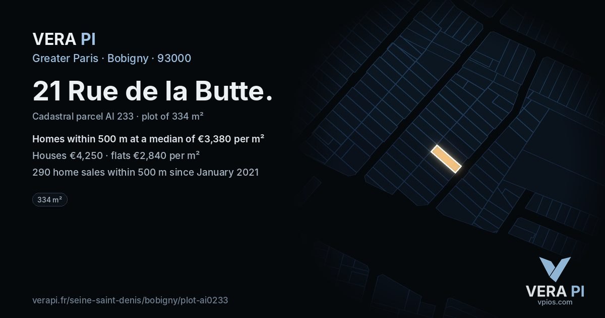 21 Rue de la Butte, Bobigny at night – the plot lit, the parcels around coloured by the prices near them