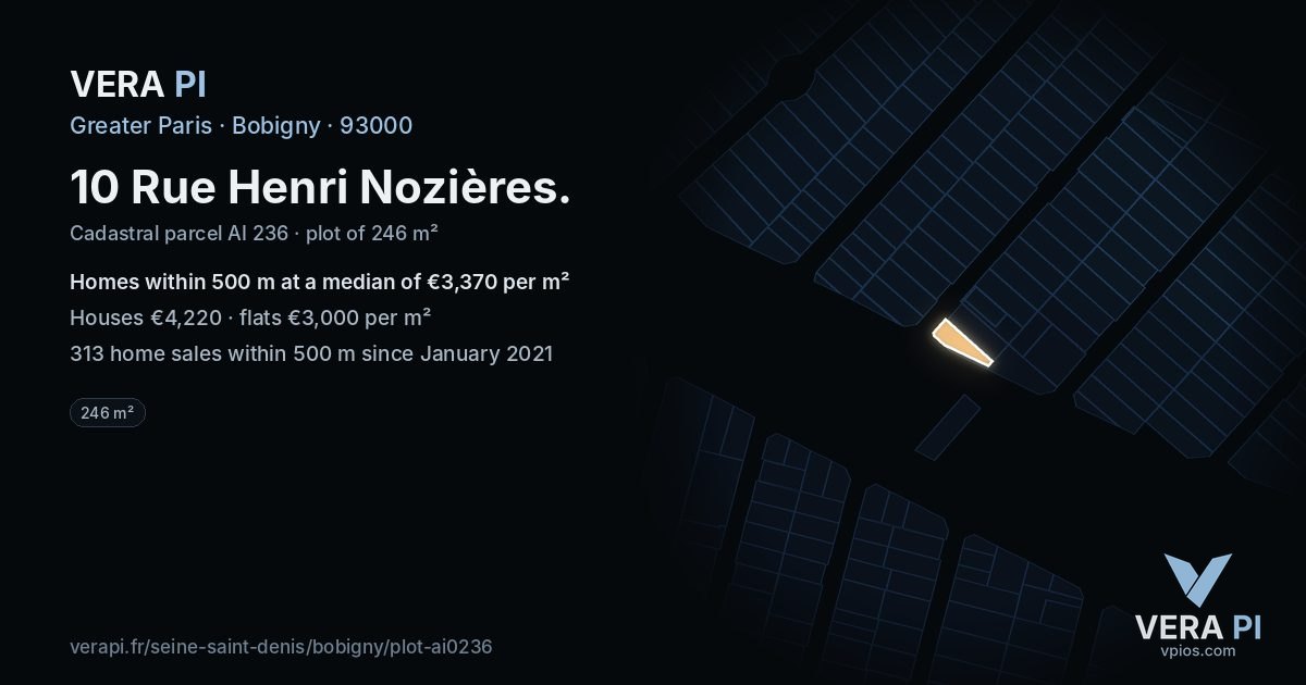 10 Rue Henri Nozières, Bobigny at night – the plot lit, the parcels around coloured by the prices near them