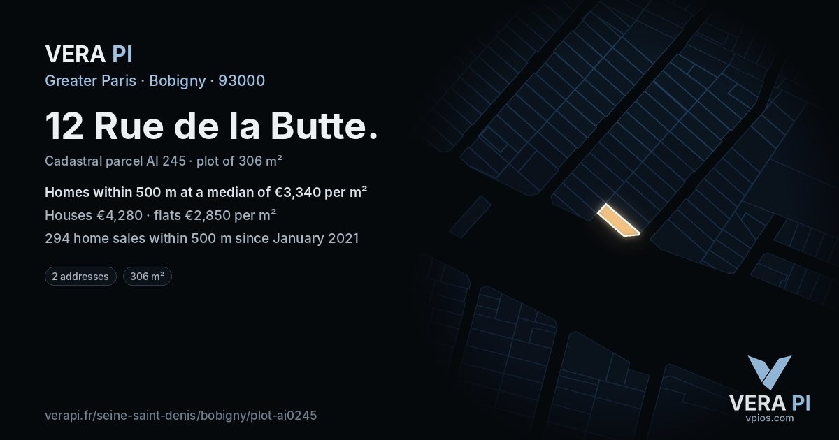 12 Rue de la Butte, Bobigny at night – the plot lit, the parcels around coloured by the prices near them