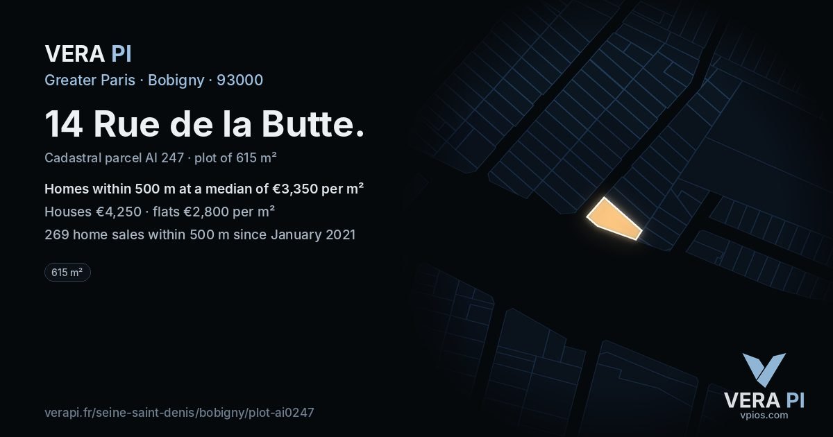 14 Rue de la Butte, Bobigny at night – the plot lit, the parcels around coloured by the prices near them