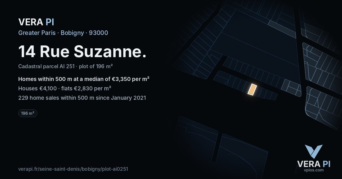 14 Rue Suzanne, Bobigny at night – the plot lit, the parcels around coloured by the prices near them