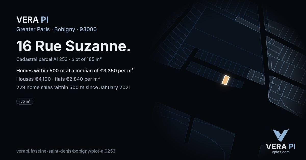 16 Rue Suzanne, Bobigny at night – the plot lit, the parcels around coloured by the prices near them
