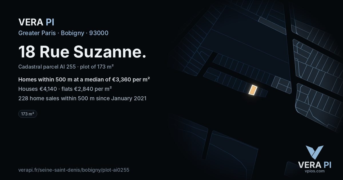 18 Rue Suzanne, Bobigny at night – the plot lit, the parcels around coloured by the prices near them
