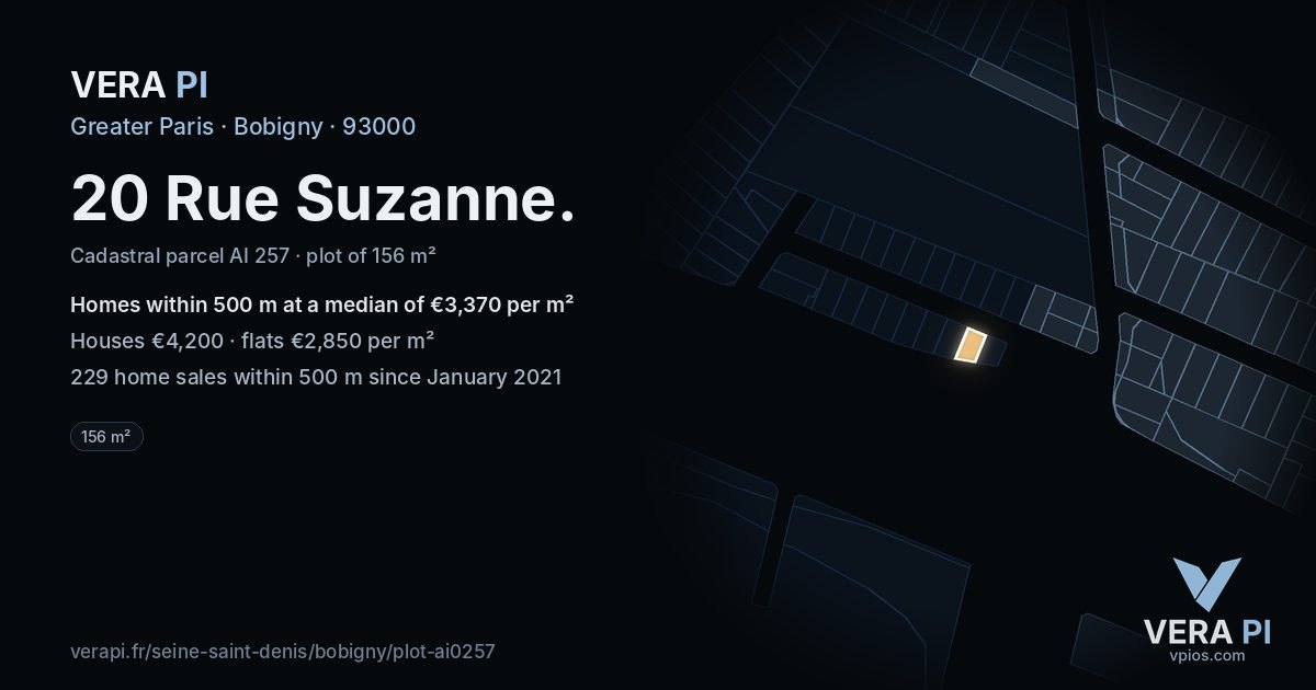 20 Rue Suzanne, Bobigny at night – the plot lit, the parcels around coloured by the prices near them