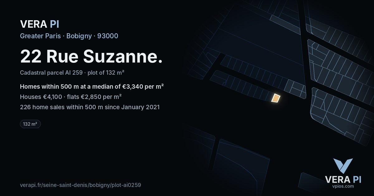 22 Rue Suzanne, Bobigny at night – the plot lit, the parcels around coloured by the prices near them