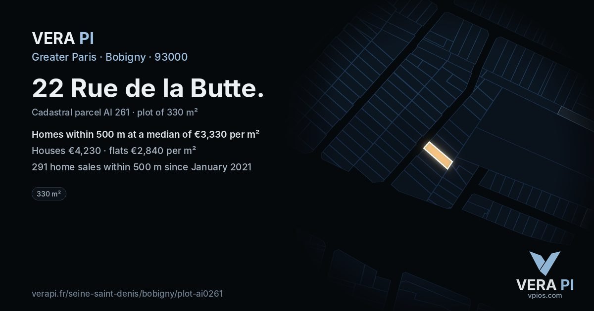 22 Rue de la Butte, Bobigny at night – the plot lit, the parcels around coloured by the prices near them