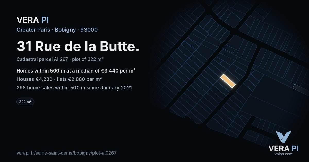 31 Rue de la Butte, Bobigny at night – the plot lit, the parcels around coloured by the prices near them