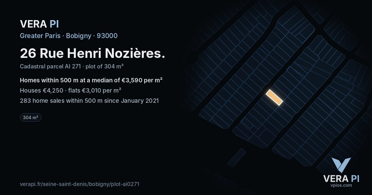 26 Rue Henri Nozières, Bobigny at night – the plot lit, the parcels around coloured by the prices near them
