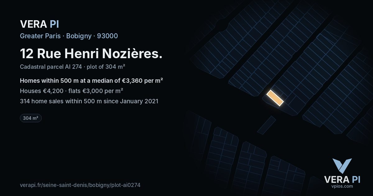 12 Rue Henri Nozières, Bobigny at night – the plot lit, the parcels around coloured by the prices near them