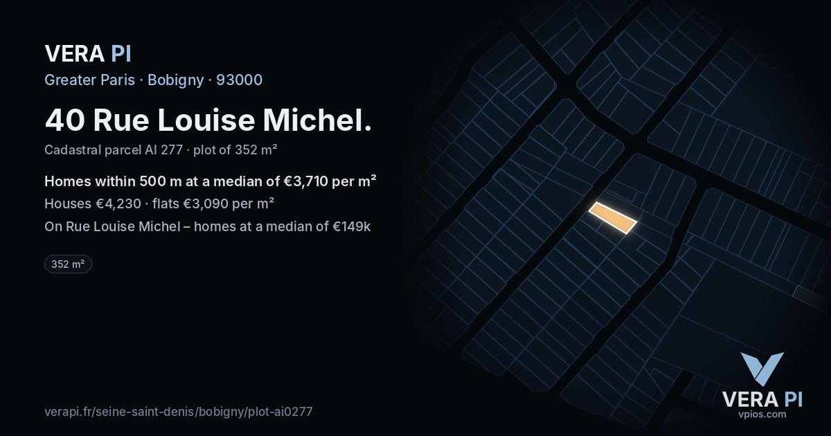 40 Rue Louise Michel, Bobigny at night – the plot lit, the parcels around coloured by the prices near them