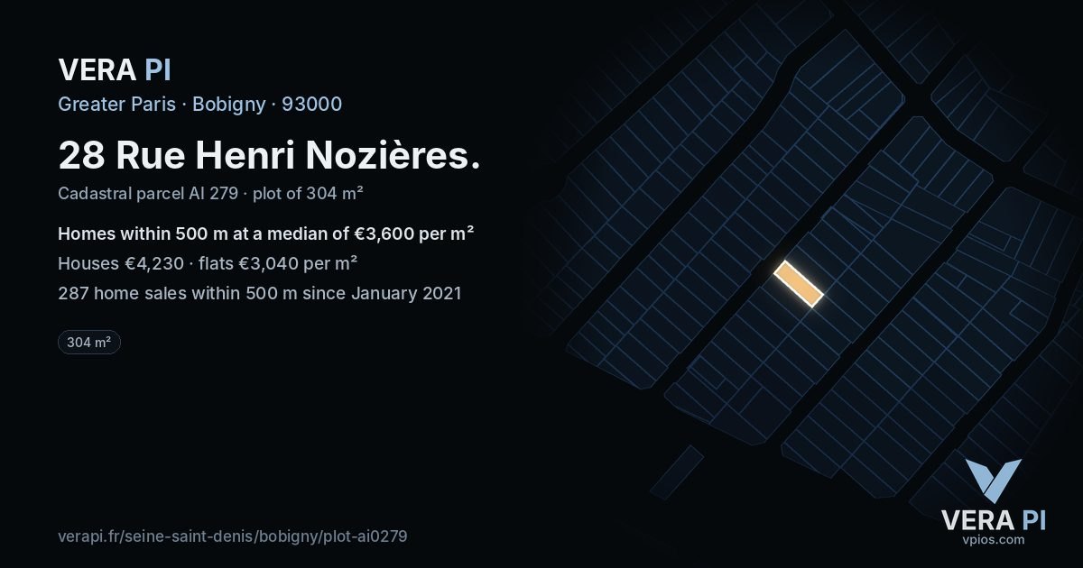 28 Rue Henri Nozières, Bobigny at night – the plot lit, the parcels around coloured by the prices near them