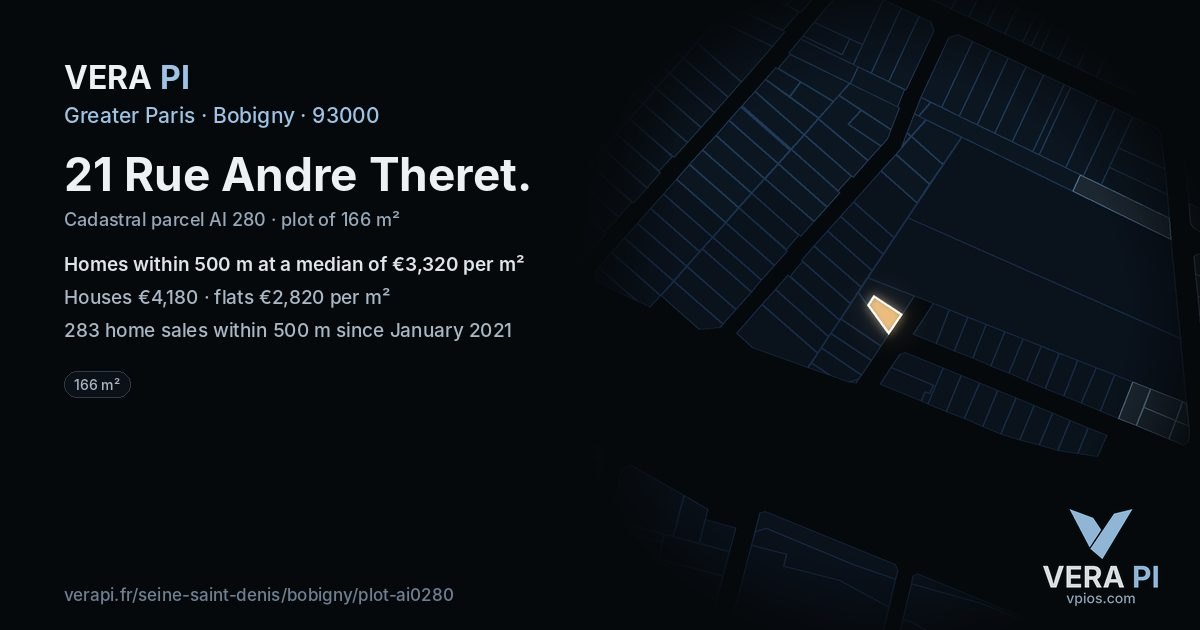 21 Rue Andre Theret, Bobigny at night – the plot lit, the parcels around coloured by the prices near them