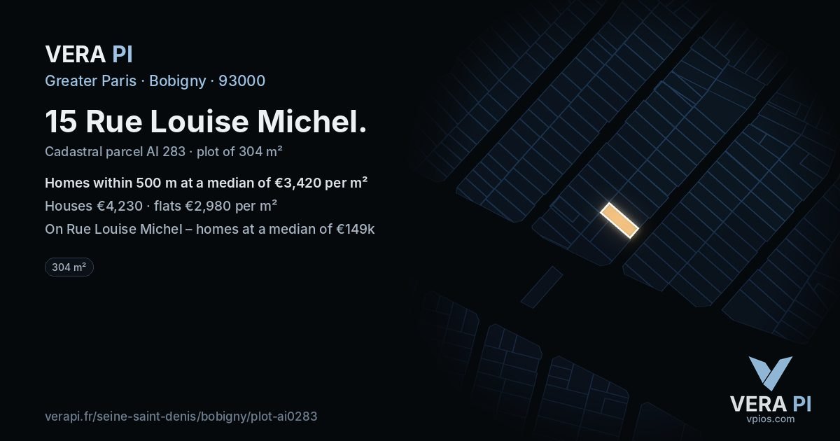 15 Rue Louise Michel, Bobigny at night – the plot lit, the parcels around coloured by the prices near them