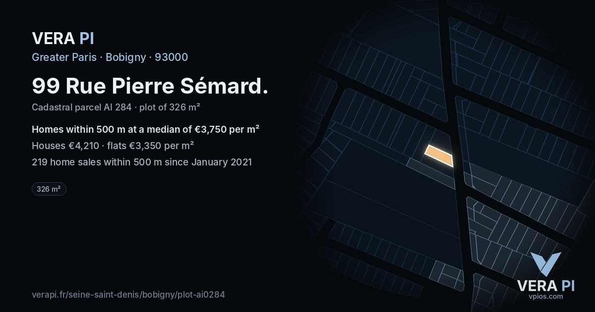 99 Rue Pierre Sémard, Bobigny at night – the plot lit, the parcels around coloured by the prices near them