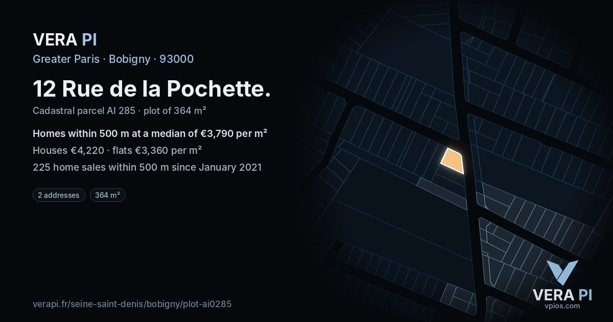 12 Rue de la Pochette, Bobigny at night – the plot lit, the parcels around coloured by the prices near them