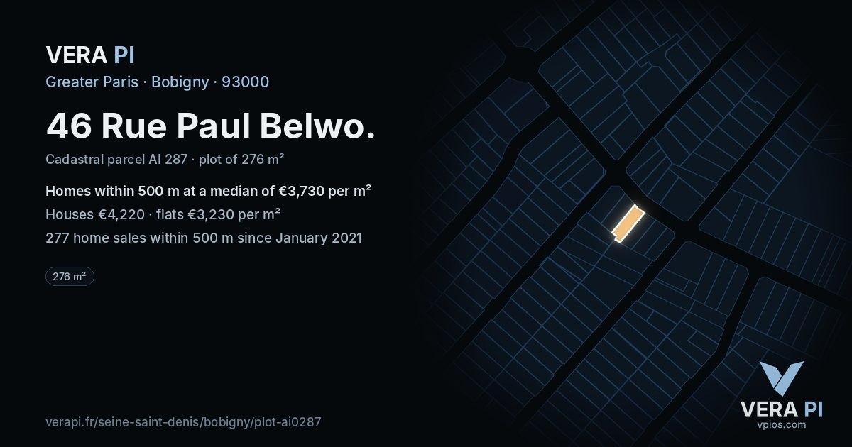 46 Rue Paul Belwo, Bobigny at night – the plot lit, the parcels around coloured by the prices near them