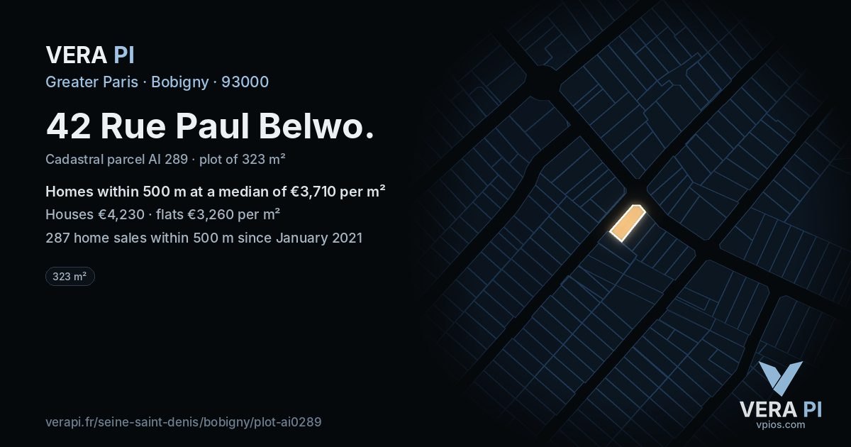 42 Rue Paul Belwo, Bobigny at night – the plot lit, the parcels around coloured by the prices near them