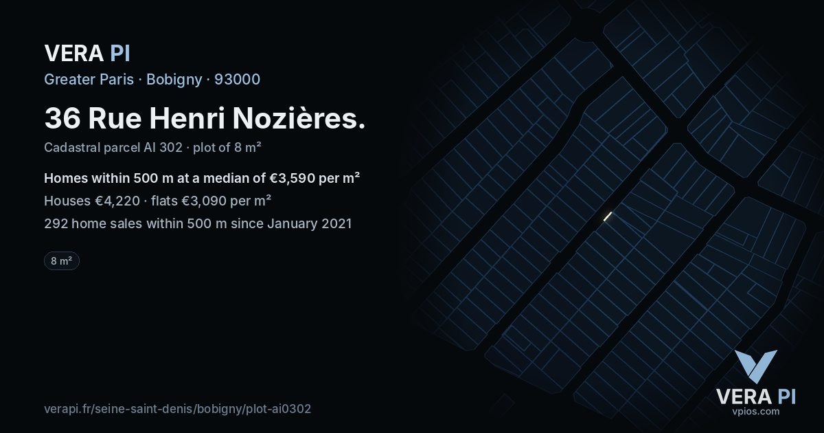 36 Rue Henri Nozières, Bobigny at night – the plot lit, the parcels around coloured by the prices near them