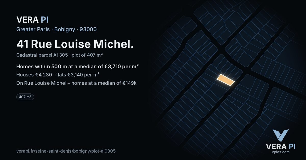 41 Rue Louise Michel, Bobigny at night – the plot lit, the parcels around coloured by the prices near them