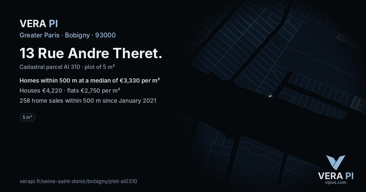 13 Rue Andre Theret, Bobigny at night – the plot lit, the parcels around coloured by the prices near them