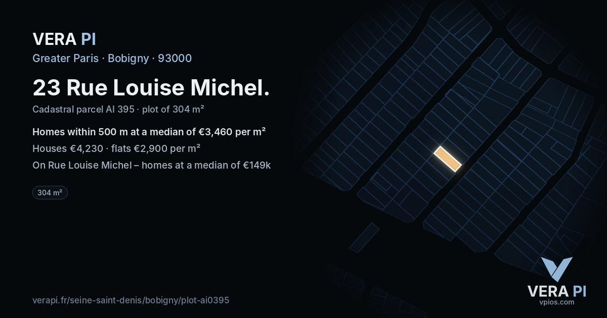 23 Rue Louise Michel, Bobigny at night – the plot lit, the parcels around coloured by the prices near them