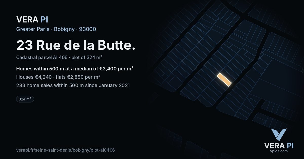 23 Rue de la Butte, Bobigny at night – the plot lit, the parcels around coloured by the prices near them