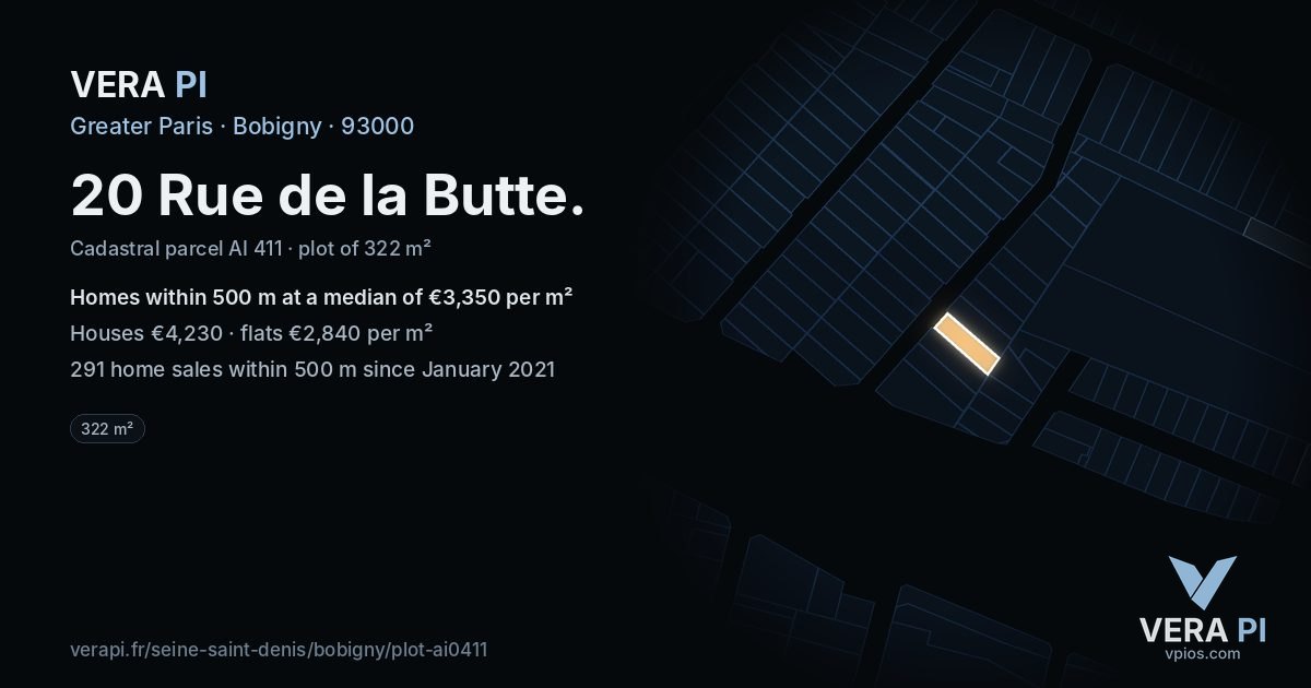 20 Rue de la Butte, Bobigny at night – the plot lit, the parcels around coloured by the prices near them