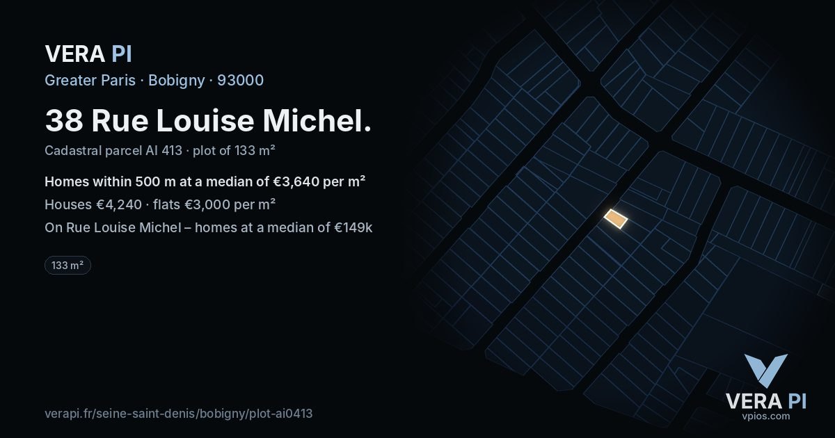 38 Rue Louise Michel, Bobigny at night – the plot lit, the parcels around coloured by the prices near them