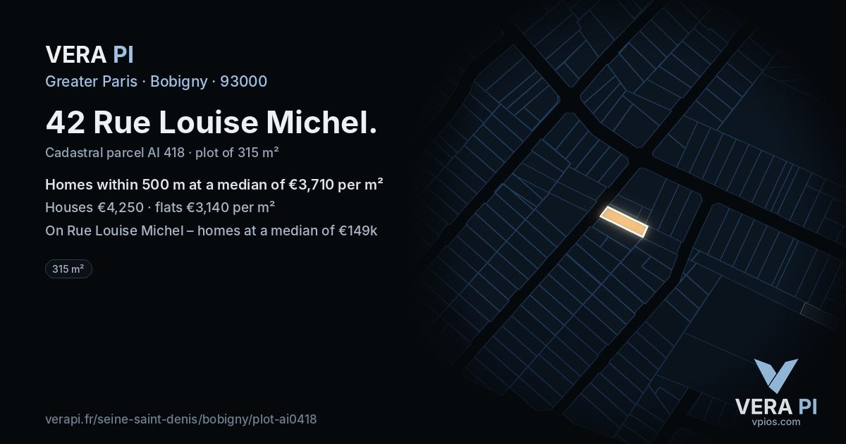 42 Rue Louise Michel, Bobigny at night – the plot lit, the parcels around coloured by the prices near them