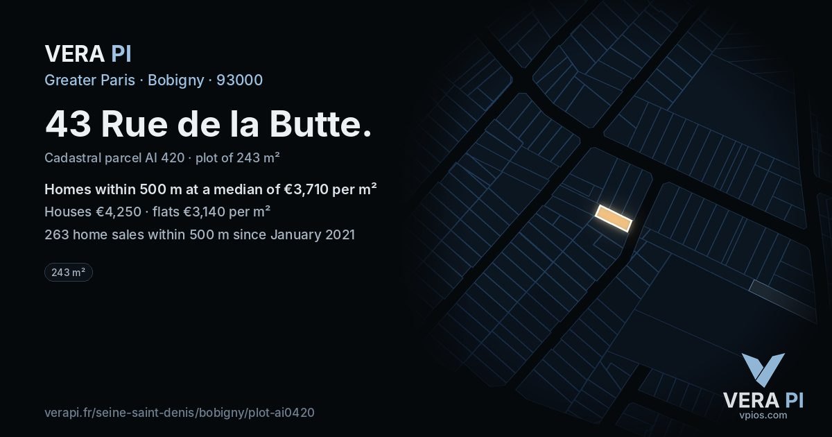 43 Rue de la Butte, Bobigny at night – the plot lit, the parcels around coloured by the prices near them