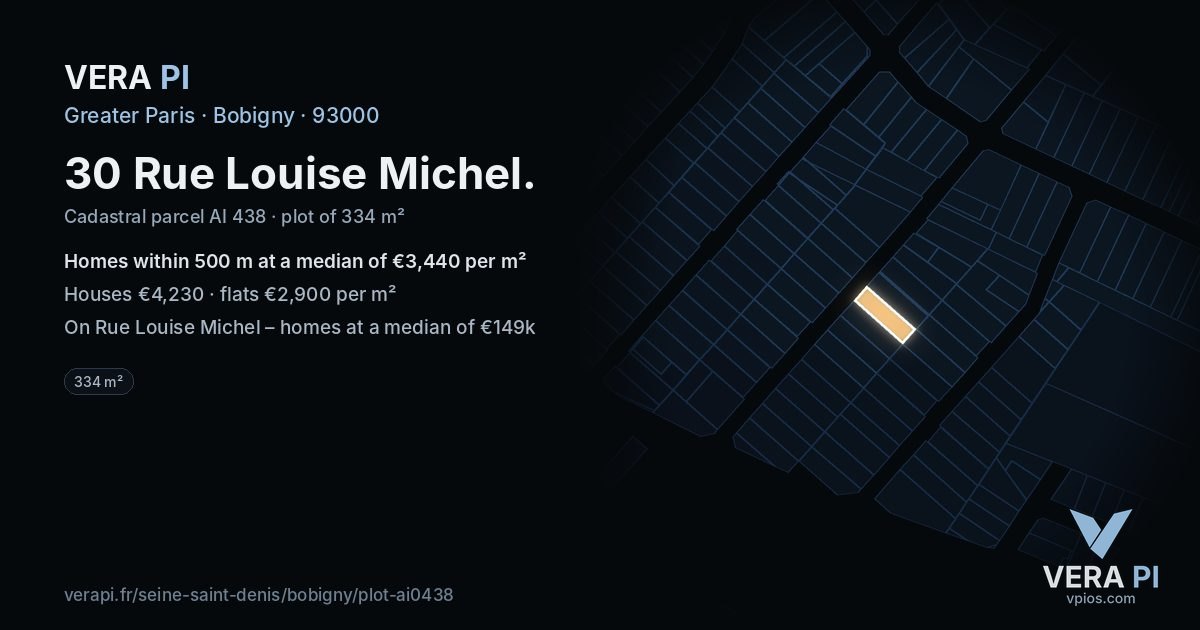30 Rue Louise Michel, Bobigny at night – the plot lit, the parcels around coloured by the prices near them