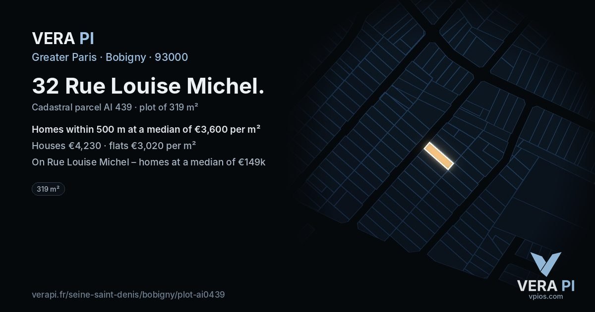32 Rue Louise Michel, Bobigny at night – the plot lit, the parcels around coloured by the prices near them