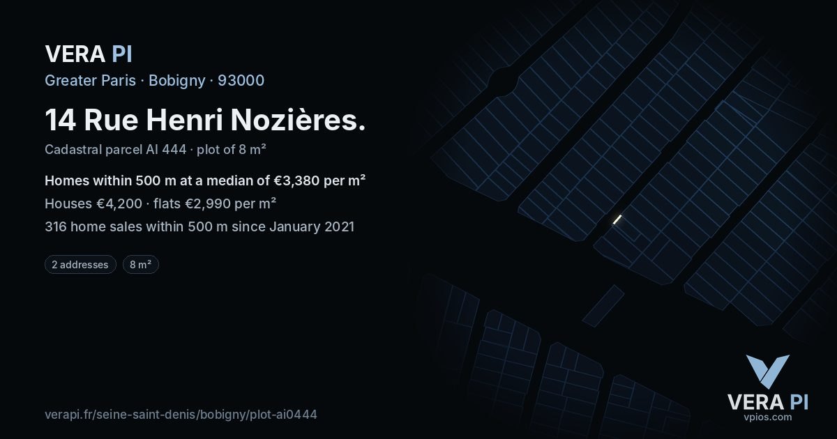 14 Rue Henri Nozières, Bobigny at night – the plot lit, the parcels around coloured by the prices near them