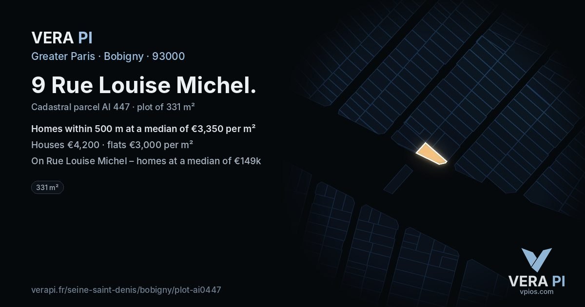 9 Rue Louise Michel, Bobigny at night – the plot lit, the parcels around coloured by the prices near them