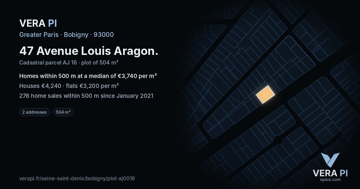 47 Avenue Louis Aragon, Bobigny at night – the plot lit, the parcels around coloured by the prices near them