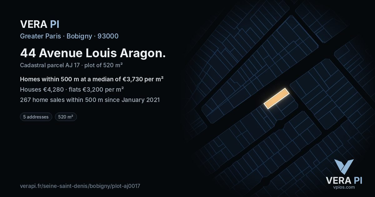44 Avenue Louis Aragon, Bobigny at night – the plot lit, the parcels around coloured by the prices near them