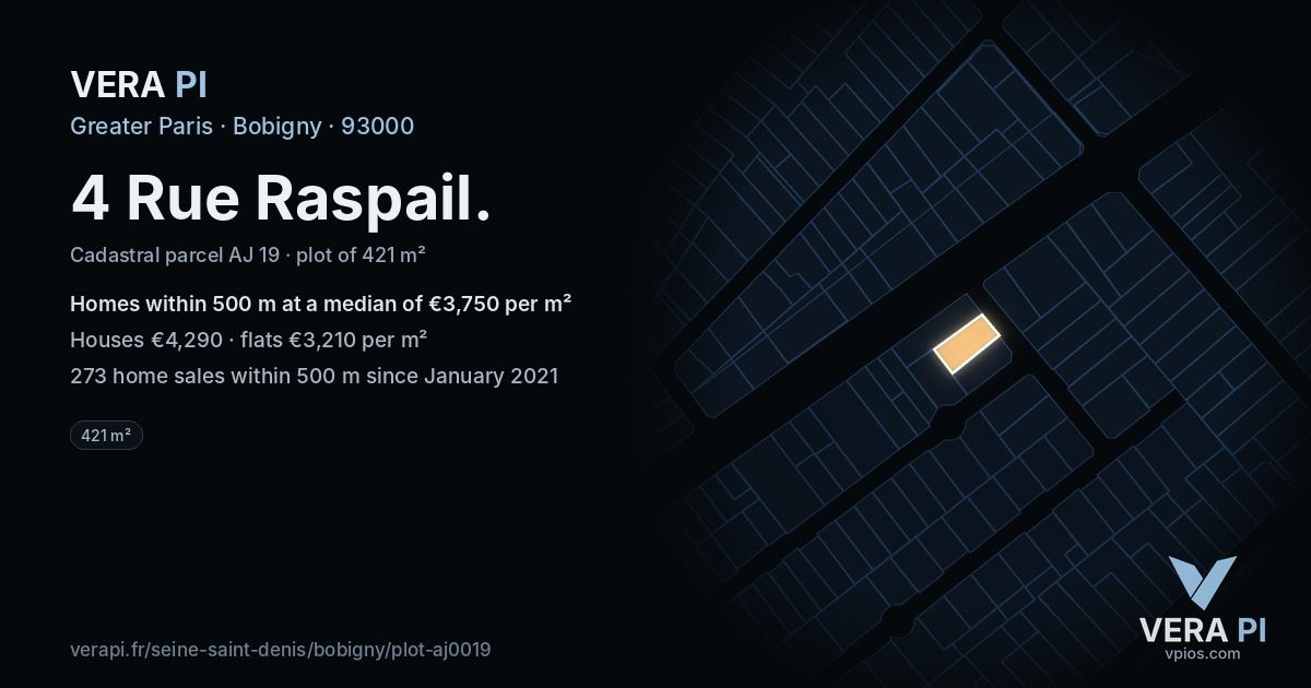 4 Rue Raspail, Bobigny at night – the plot lit, the parcels around coloured by the prices near them