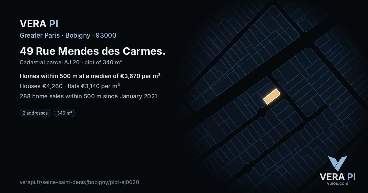 49 Rue Mendes des Carmes, Bobigny at night – the plot lit, the parcels around coloured by the prices near them