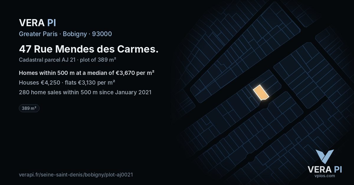 47 Rue Mendes des Carmes, Bobigny at night – the plot lit, the parcels around coloured by the prices near them