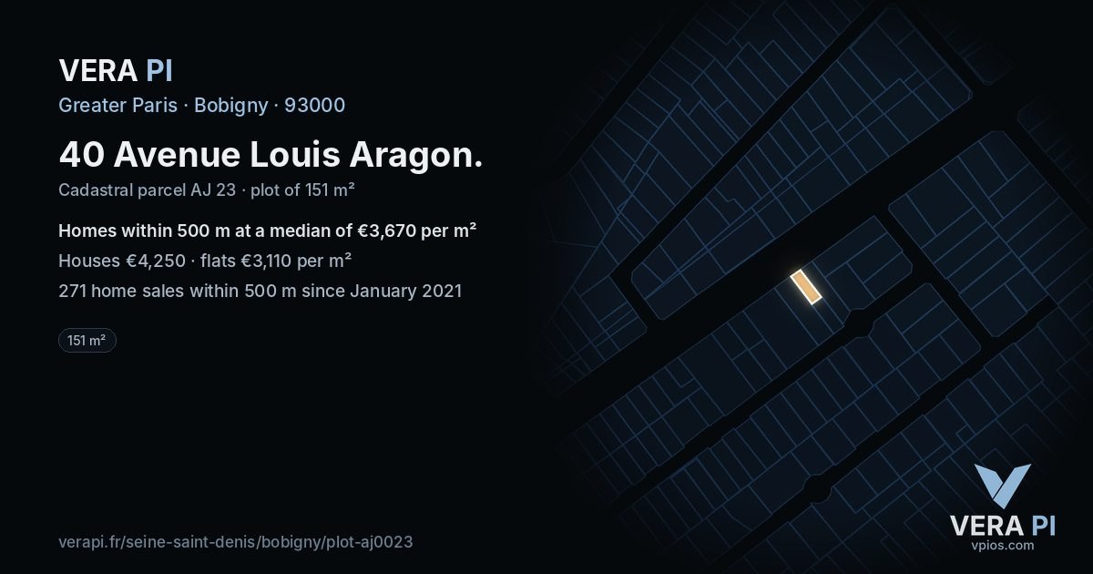 40 Avenue Louis Aragon, Bobigny at night – the plot lit, the parcels around coloured by the prices near them