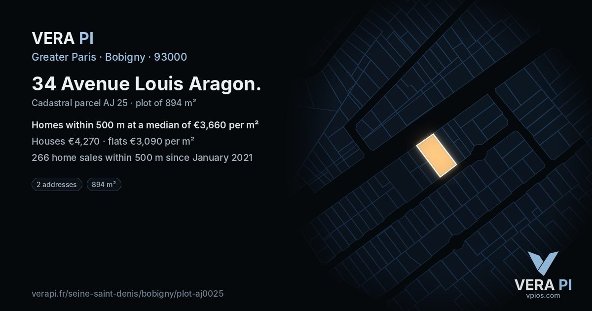 34 Avenue Louis Aragon, Bobigny at night – the plot lit, the parcels around coloured by the prices near them