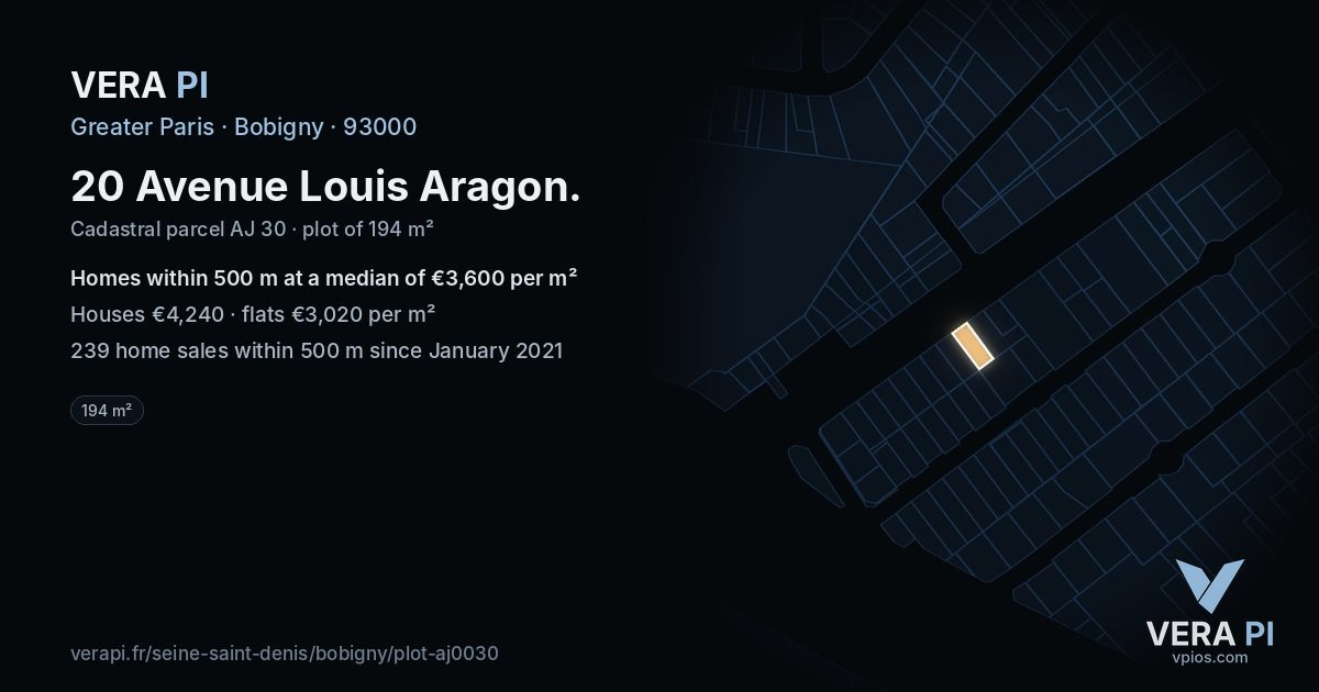 20 Avenue Louis Aragon, Bobigny at night – the plot lit, the parcels around coloured by the prices near them