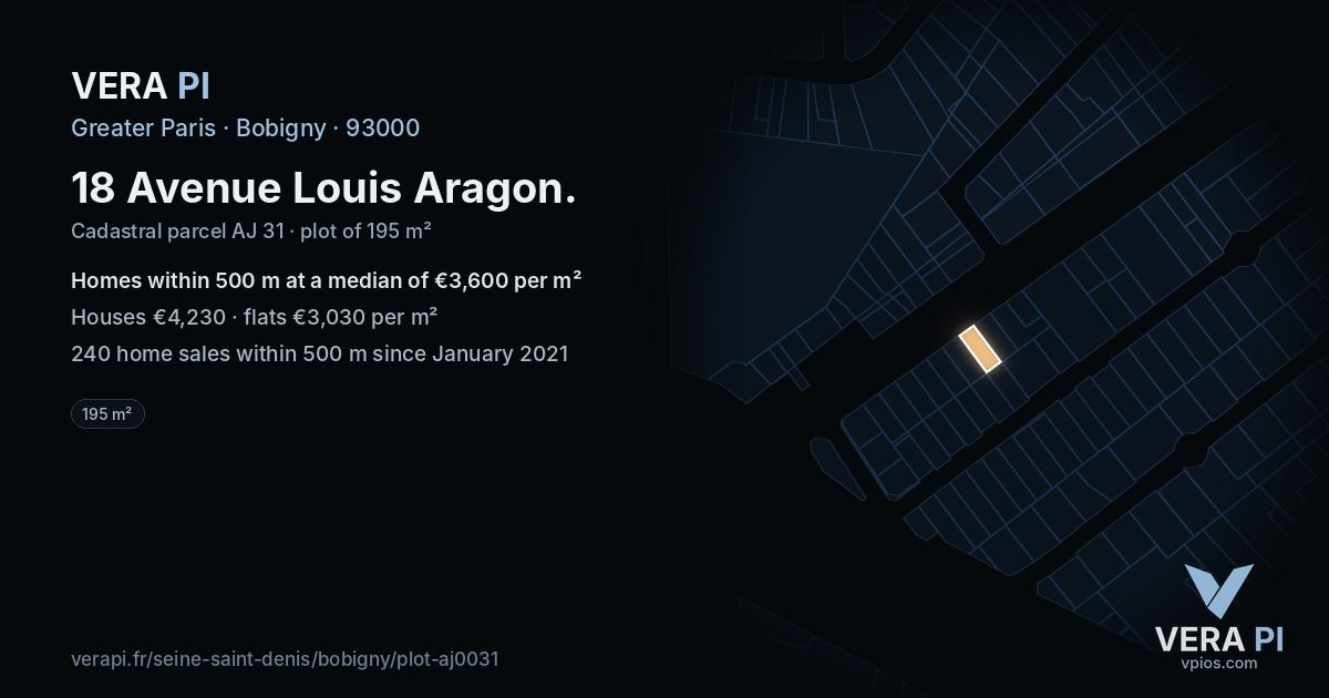 18 Avenue Louis Aragon, Bobigny at night – the plot lit, the parcels around coloured by the prices near them