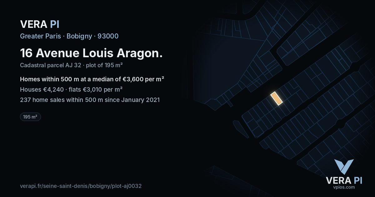 16 Avenue Louis Aragon, Bobigny at night – the plot lit, the parcels around coloured by the prices near them