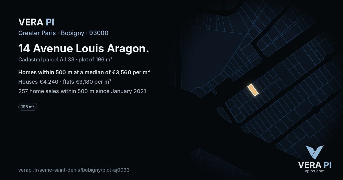 14 Avenue Louis Aragon, Bobigny at night – the plot lit, the parcels around coloured by the prices near them