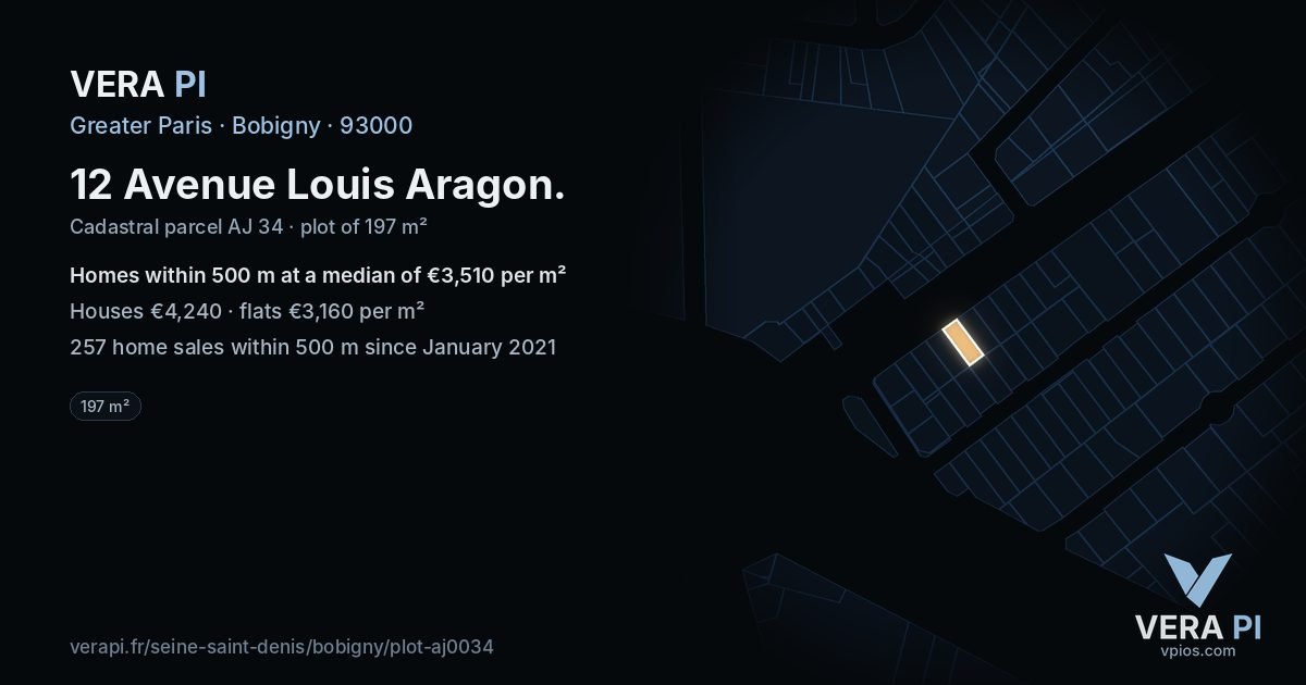 12 Avenue Louis Aragon, Bobigny at night – the plot lit, the parcels around coloured by the prices near them