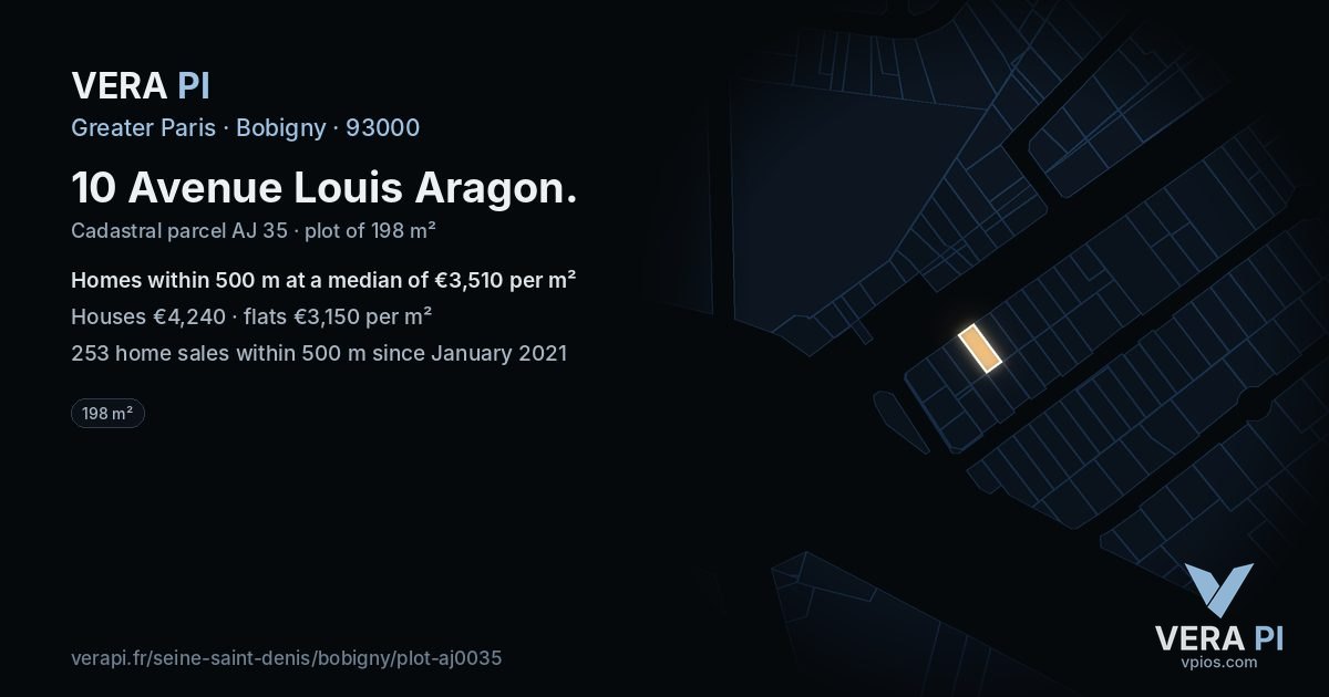 10 Avenue Louis Aragon, Bobigny at night – the plot lit, the parcels around coloured by the prices near them