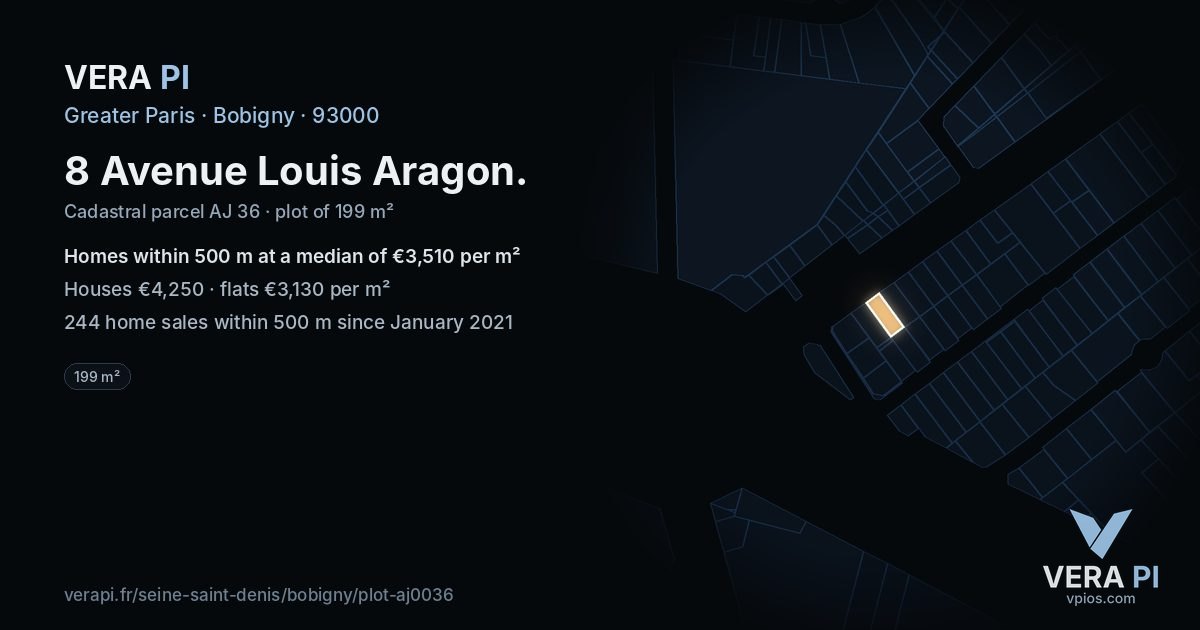 8 Avenue Louis Aragon, Bobigny at night – the plot lit, the parcels around coloured by the prices near them