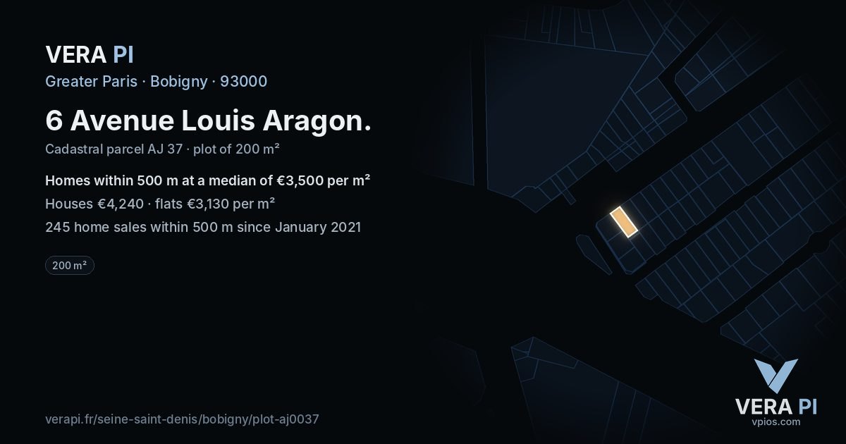 6 Avenue Louis Aragon, Bobigny at night – the plot lit, the parcels around coloured by the prices near them