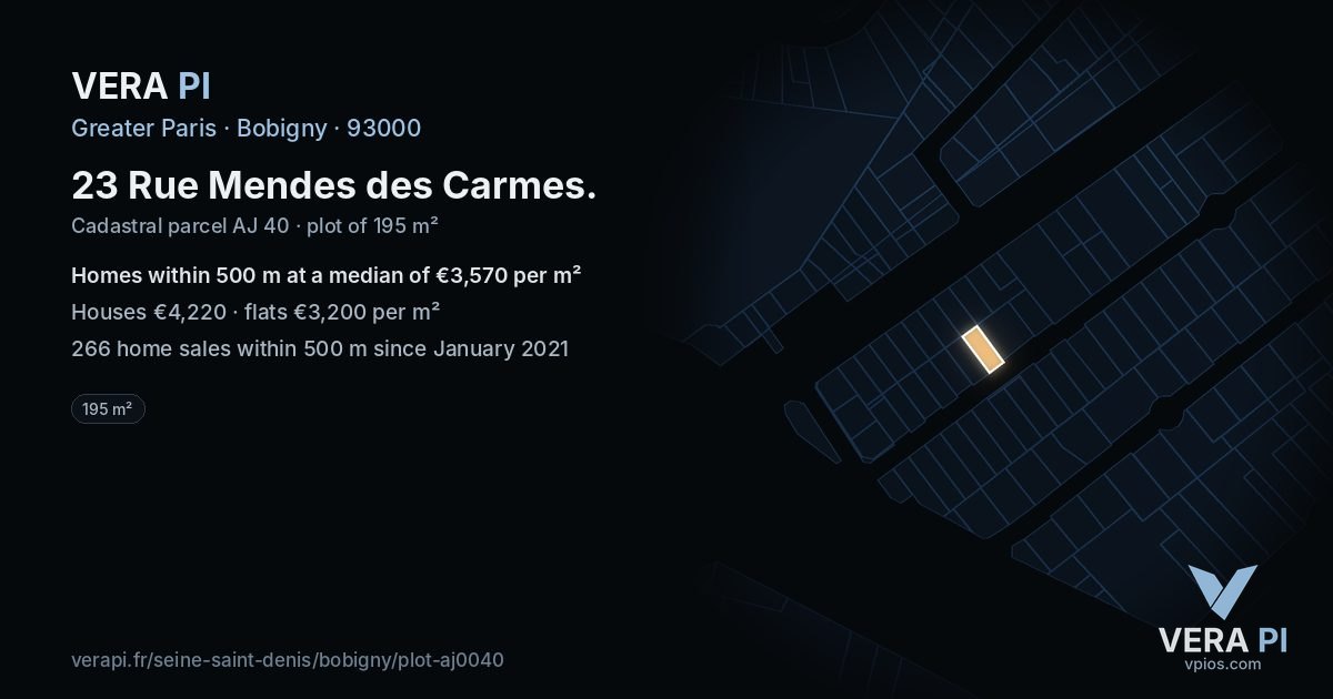 23 Rue Mendes des Carmes, Bobigny at night – the plot lit, the parcels around coloured by the prices near them